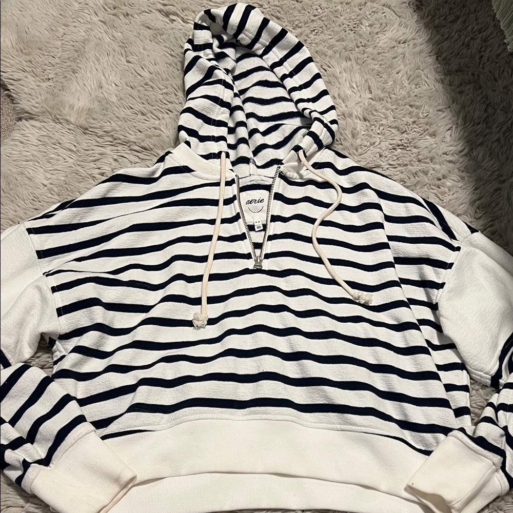 Aerie Navy and White Striped Hoodie Sweater